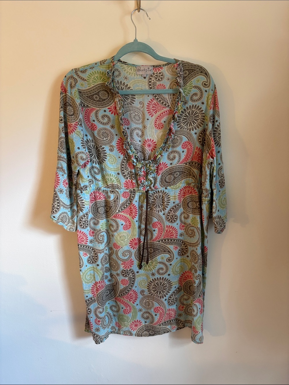 Mud Pie Light Blue Paisley Top with Pink & Green Accents